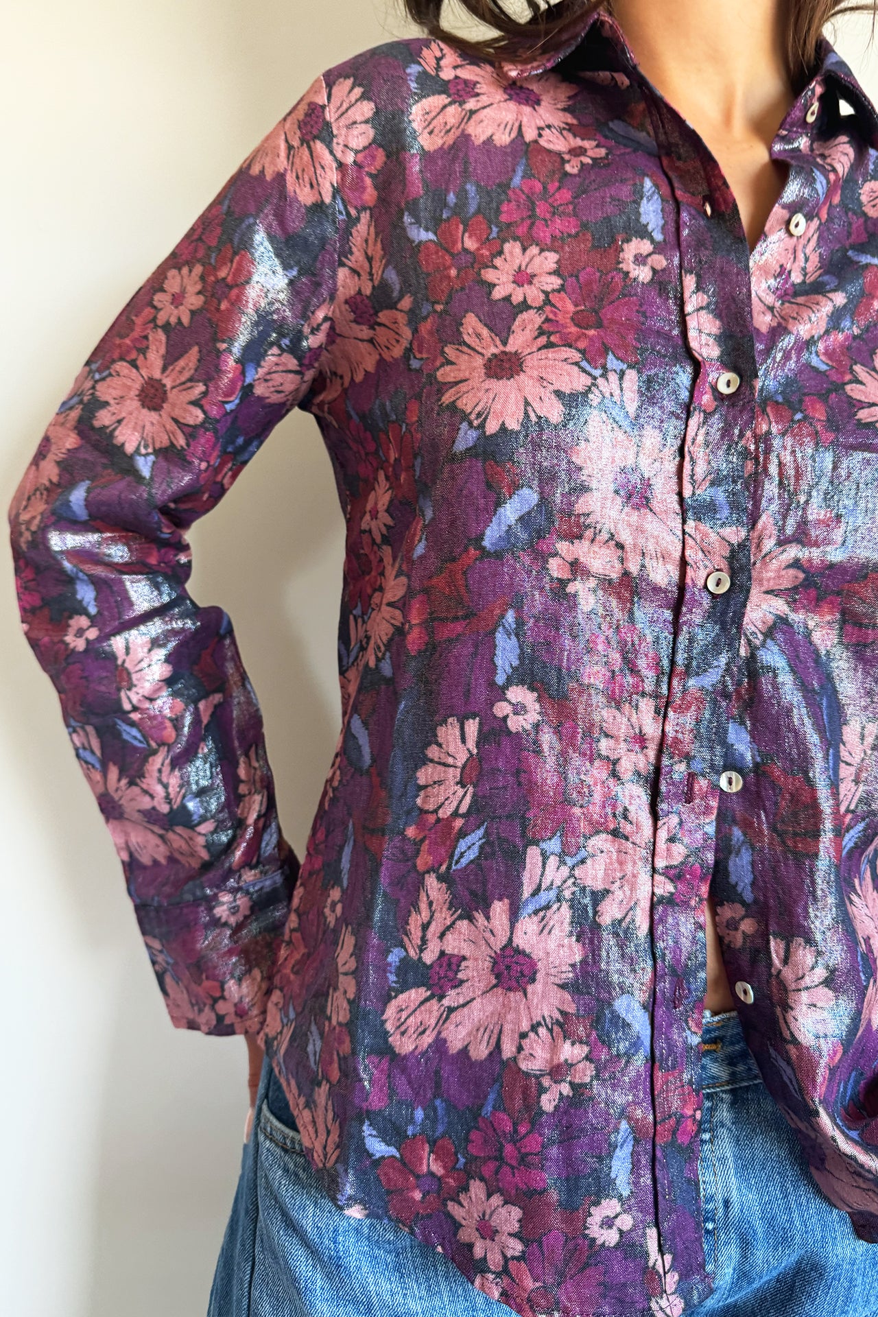 Lanhtropy San Marino Metallic Linen Shirt in Gerbera Print