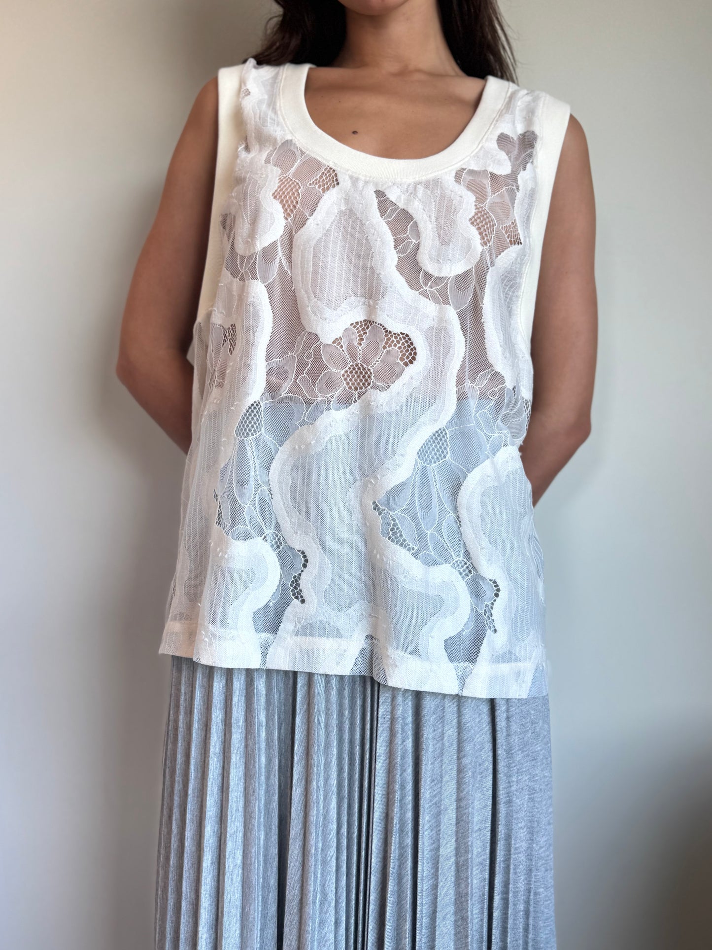 Esthe Oversized Sheer Lace Vest in Off White